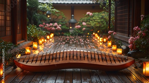 Tranquil rain-soaked Japanese garden with candles and a wooden instrument.