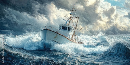 Red fishing boat navigates rough ocean waves under stormy sky with visible masts and antennas. Generative by AI.
