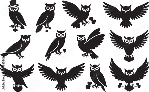 Diverse Collection of Black Silhouette Owls in Various Poses and Styles Keywords: owl, bird, silhouette, animal, wildlife, nocturnal, wisdom, hoot, flight, wings, perched, sitting, flying