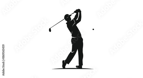 A golfer in mid swing powerfully executing a shot with dynamic form silhouette