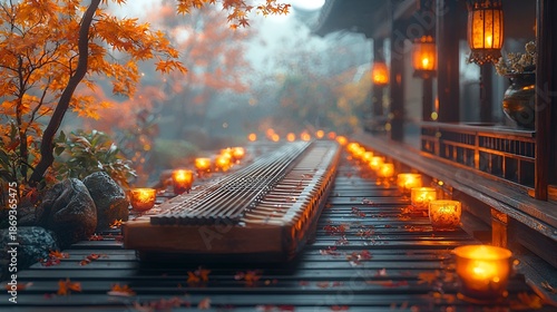 Serene autumn path with lanterns and maple leaves.