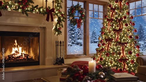 Decorating a cozy festive living room with a glowing Christmas tree and warm fireplace
