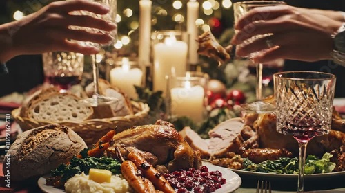 Preparing a Festive Dinner Table with Bread, Roasted Vegetables, and Grapes