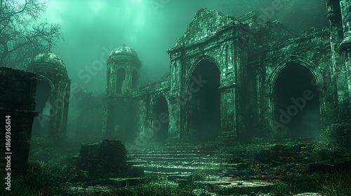 Mysterious overgrown ancient ruins shrouded in fog.