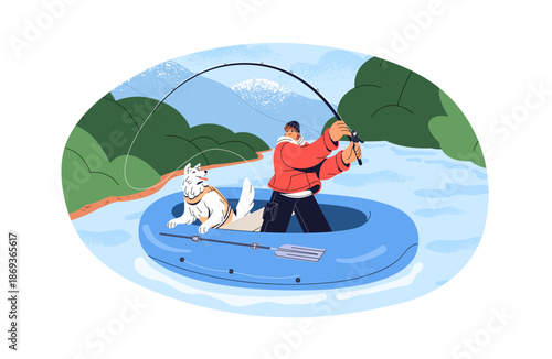 Fisher with dog catches fish from inflatable boat on river. Fisherman with pet is angling, spinning on lake. Angler does fishery with fishing rod. Flat isolated vector illustration on white background