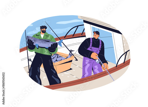 Fishermen do industrial fishery from ship. Fishers with angling rods catch fish together. Anglers are fishing in river, sea from boat, yacht. Flat isolated vector illustration on white background