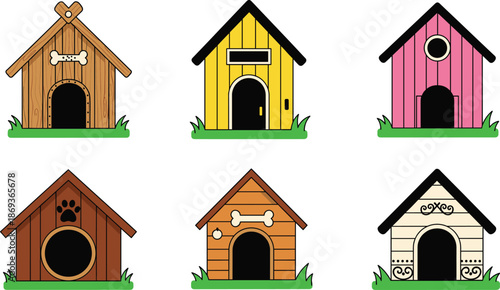 Colorful collection of cute wooden dog houses with various designs, decorations, and shapes set on small grassy patches