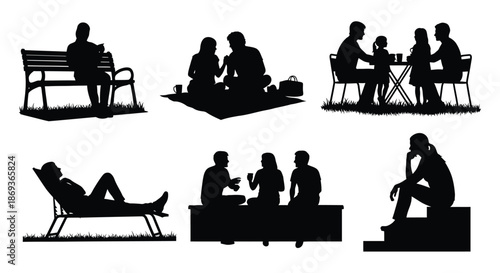 People enjoying leisure activities in a park depicted in black silhouette