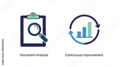 Document Analysis and Continuous Improvement Icons in Simple Flat Design with Blue and Green Colors on White Background for Business Infographics