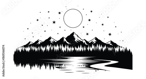 Mountain range under a starry night sky with a full moon silhouette
