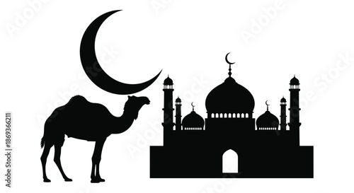 desert scene with a mosque camel and crescent moon silhouette