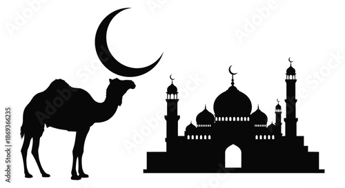 Desert scene with a camel mosque and crescent moon silhouette