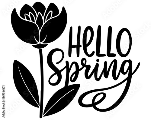 Spring Blossom Flower Silhouette Vector Design, Hello Spring Nature Illustration Isolated on White Background