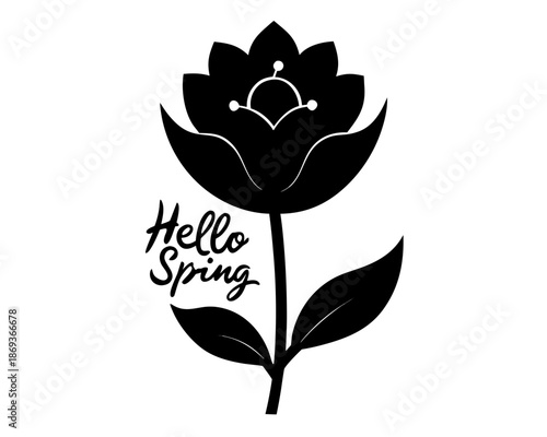 Hello Spring Blooming Flower Silhouette Vector Icon, Seasonal Floral Nature Illustration Isolated on White Background