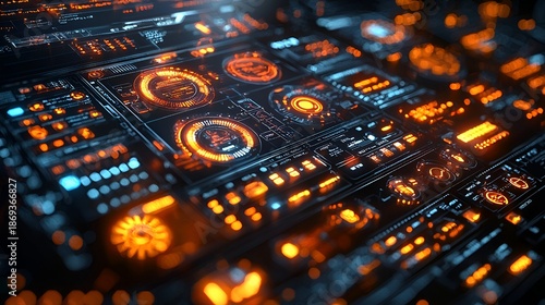 Futuristic digital interface with glowing orange and blue HUD elements.