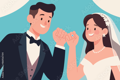 Bride and groom making pinky promise with blue gemstone ring on light blue background and white drapery.