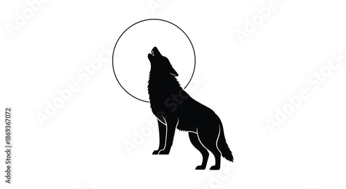 A howling wolf stands beneath a circular moon elegant silhouette