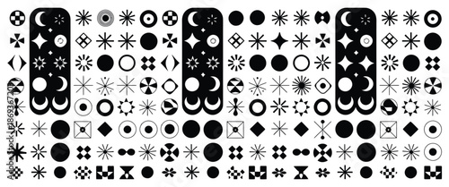 Big Vector Set of Y2K Design Elements with Trendy Abstract Minimalist Figures, Retro Stars, Flowers, and Circles, Modern Graphic Illustration for Aesthetic Branding and Web Design