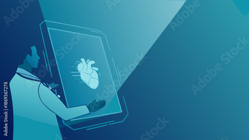 Flat illustration of cardiologist studying heart on screen with stethoscope