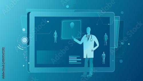 Flat illustration of doctor presenting medical scan on large screen display with human body