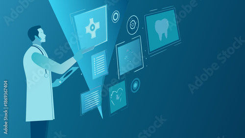 Flat vector illustration of a male doctor interacting with multiple medical icons on screens