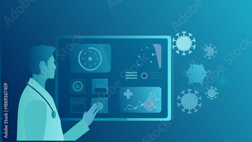 Flat vector illustration of a doctor analyzing medical data on a large screen with virus