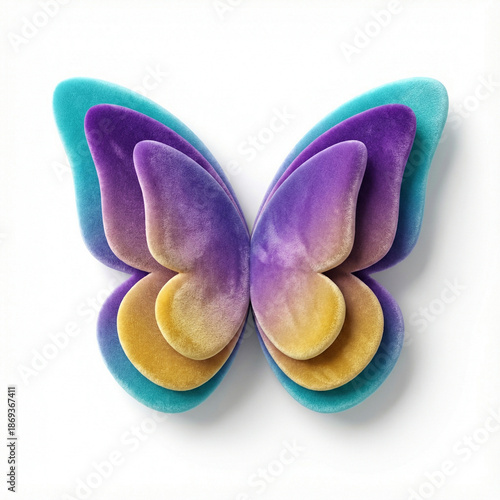 Three-dimensional velvet butterfly icon with vibrant colors on a plain background