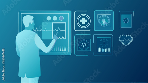 Flat vector illustration of a medical professional analyzing health data on a digital screen