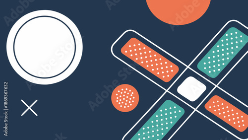 Abstract Memphis Geometric Cross Shape Background with Colorful Elements on Dark Blue