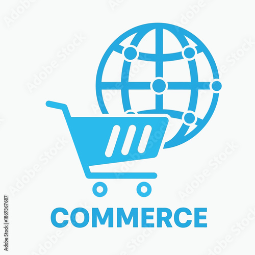 E-commerce shopping cart with global network in blue color on white background for online store