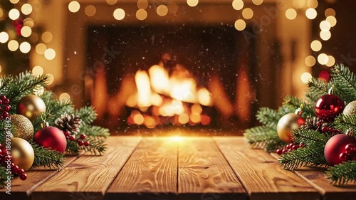 Setting warm festive scene on wooden table with holiday decorations