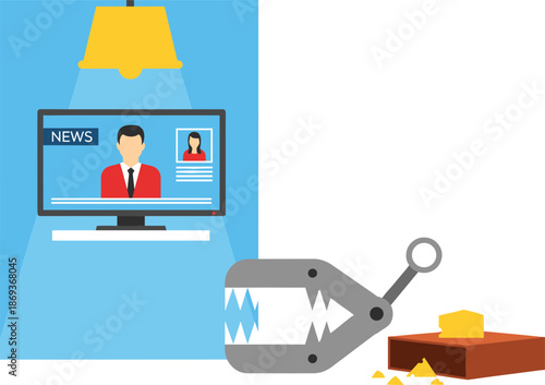 News broadcasting illustration with TV screen, spotlight, bear trap, and mousetrap bait concept for media danger awareness