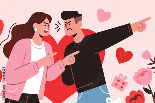 Couple arguing with angry expressions surrounded by romantic symbols like hearts, flowers, and gifts.
