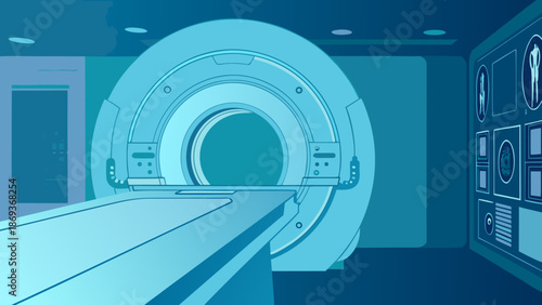 Flat vector illustration of a hospital diagnostic center with a ct scanner machine in a blue