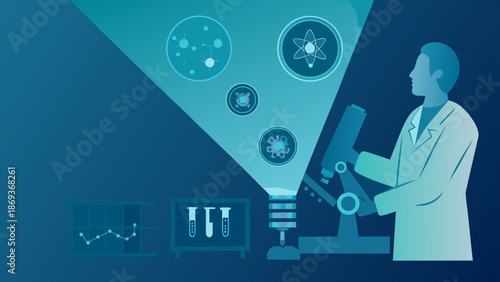 Flat vector illustration of a laboratory technician working with a microscope and test tubes