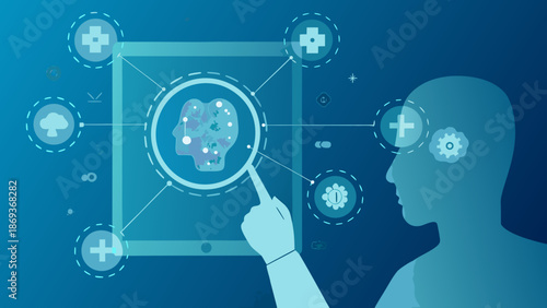 Flat vector illustration of a person interacting with a futuristic brain interface