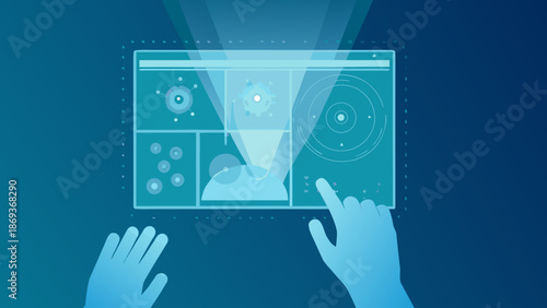 Flat vector illustration of medical dashboard on screen display with hand interacting