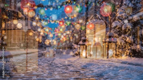 Experiencing a Snowy Holiday Street with Warm Lanterns and Colorful Lights