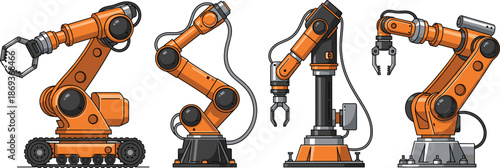 Industrial robotic arm vector set featuring automated machinery, mechanical robots, and engineering equipment for manufacturing and automation