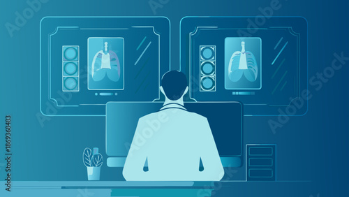 Doctor in front of computer examining digital x ray images on screen for medical diagnosis