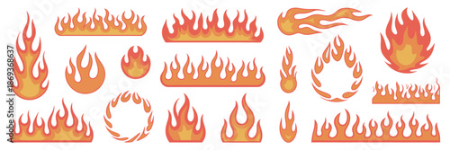 Cartoon Red Flame Vector Set with Fire Flames, Hot Fireball, Danger Wildfire, Campfire and Bonfire Elements, Fire Frames and Flaming Borders Isolated