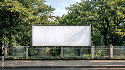 Long white vinyl banner on fence in urban park, Blank hoarding mockup, billboard, signage in city with green trees. Commercial advertisement, public information canvas. Mock up space.