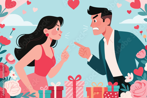 Couple arguing with angry expressions surrounded by hearts, flowers, and gift boxes on romantic background.