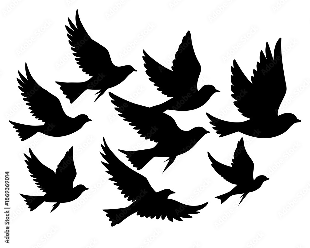 Fototapeta premium Birds flying in spring sky silhouette vector illustration isolated on white background