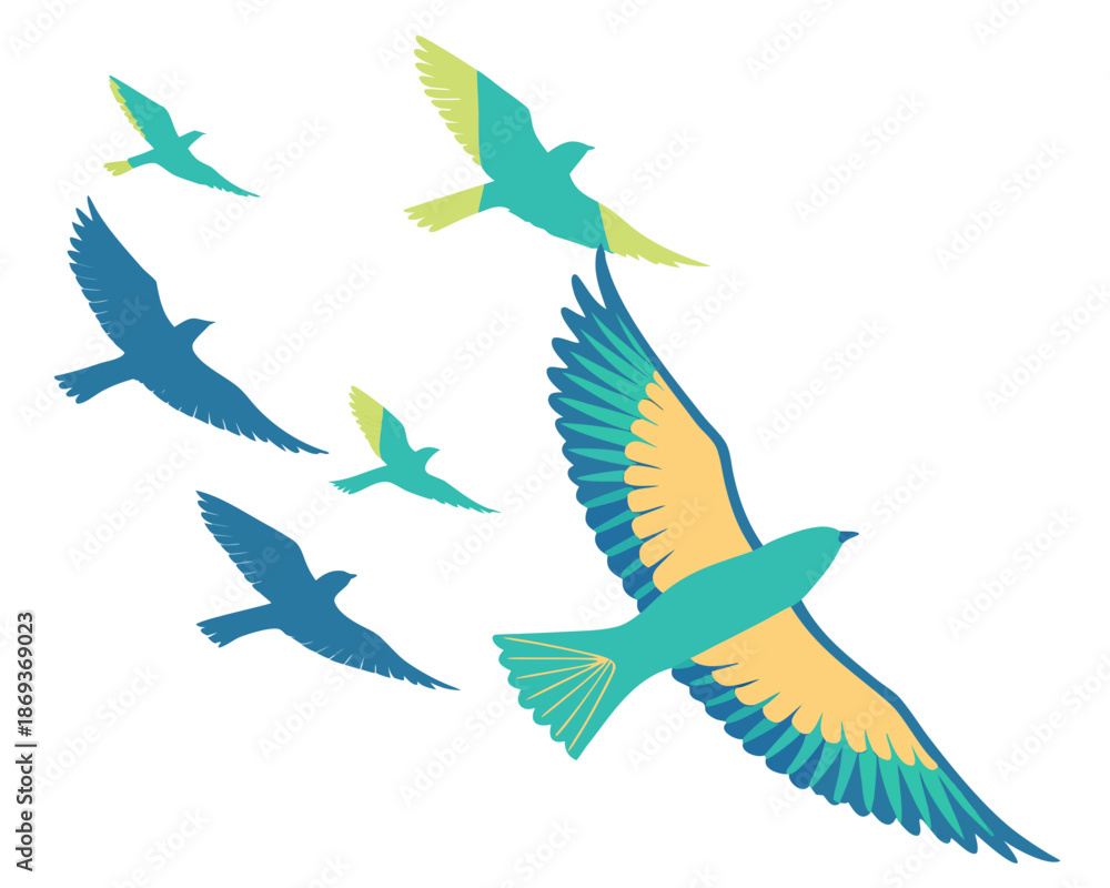 Fototapeta premium Birds flying in spring sky silhouette vector illustration isolated on white background