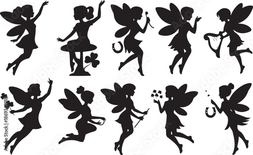 Silhouette collection of fairies with wings holding clovers and musical instruments Keywords: fairy, silhouette, wings, magic, fantasy, flying, dancing, clover, horseshoe, harp, flute, music