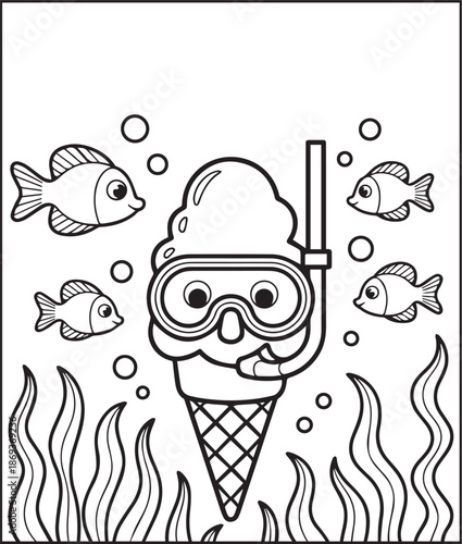 Cute kawaii ice cream scuba diving under sea line art vector for kids coloring page design