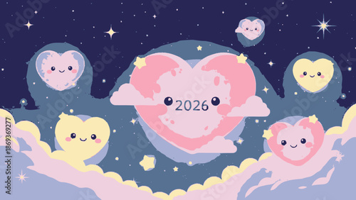 Cute cartoon heart shaped cloud with smiling faces and stars in the night sky.