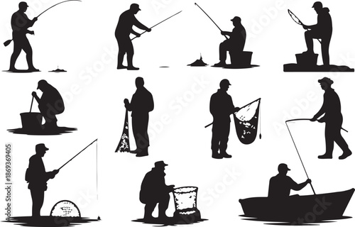 Silhouette Collection of Fishermen in Various Poses and Activities Keywords: fisherman, fishing, silhouette, man, person, rod, reel, net, bucket, boat, water, river, lake, sea, outdoor, recreation