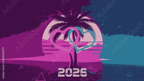Vibrant Neon Palm Tree Silhouette with Heart Shape and 2026 Text.
